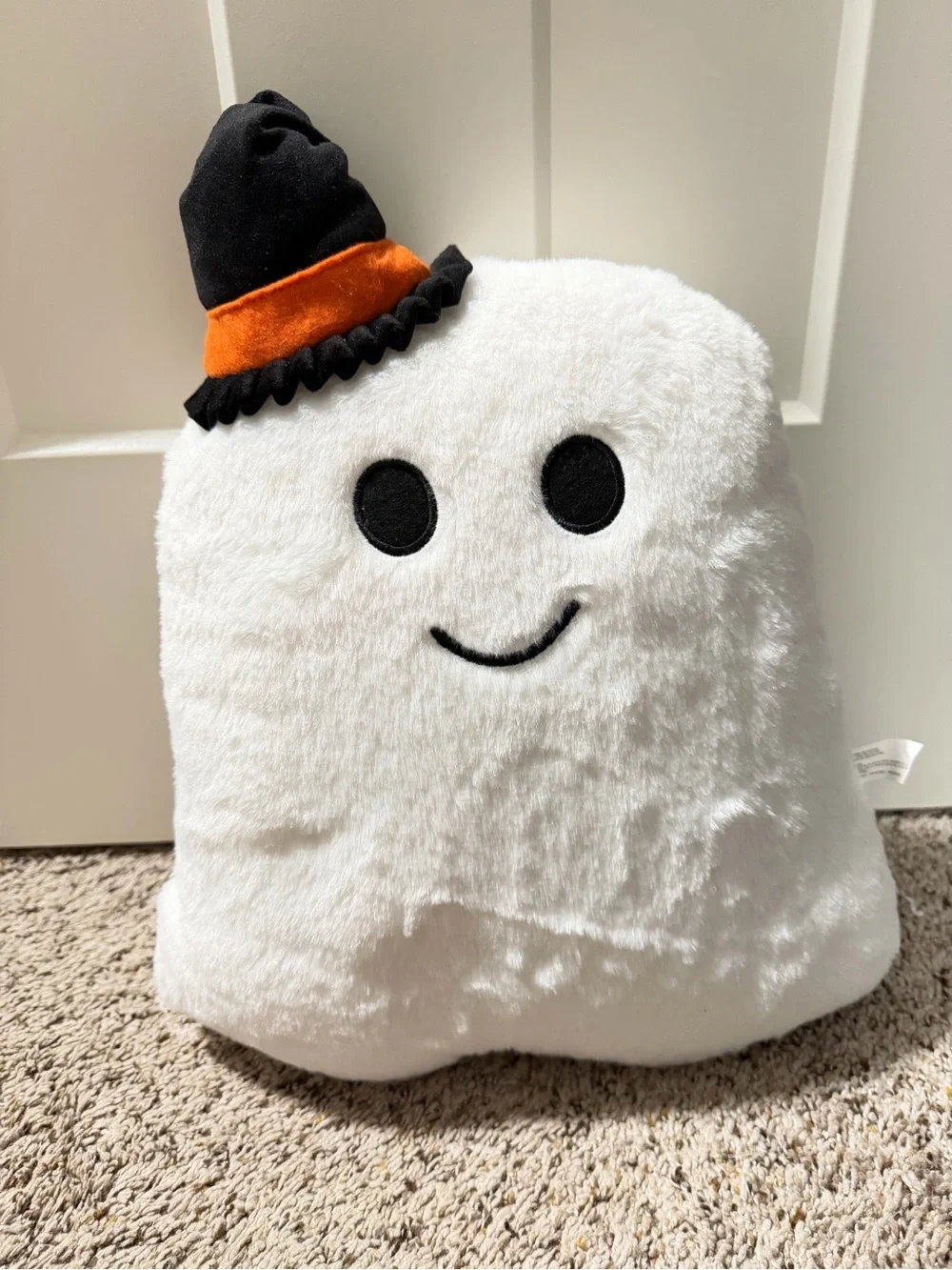 Plush White Ghost Accent Pillow with Black & Orange Witch Hat
